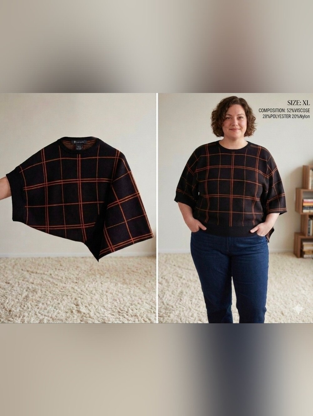 Knitted round-neck blouse with batwing sleeves and windowpane plaid print XL